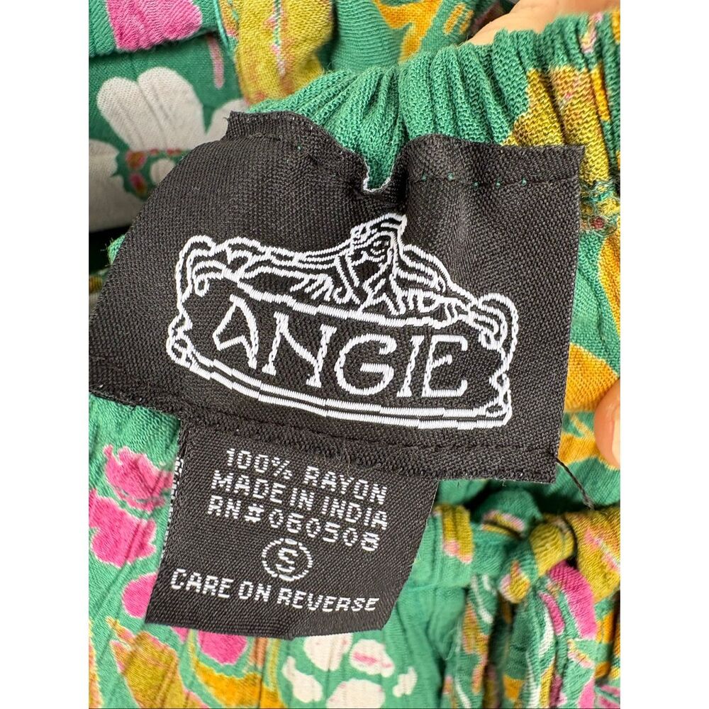 Angie Floral Boho Midi Dress Size S Green Pink Rayon Cottagecore Slip Milkmaid - Picture 5 of 8